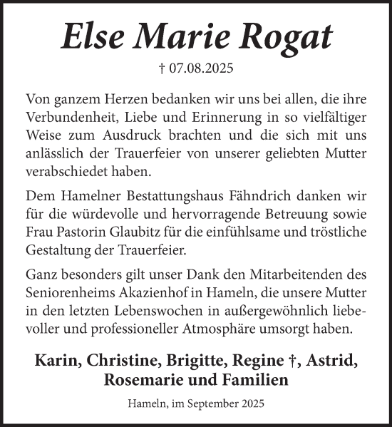 Traueranzeige von Else Marie Rogat von Deister- und Weserzeitung
