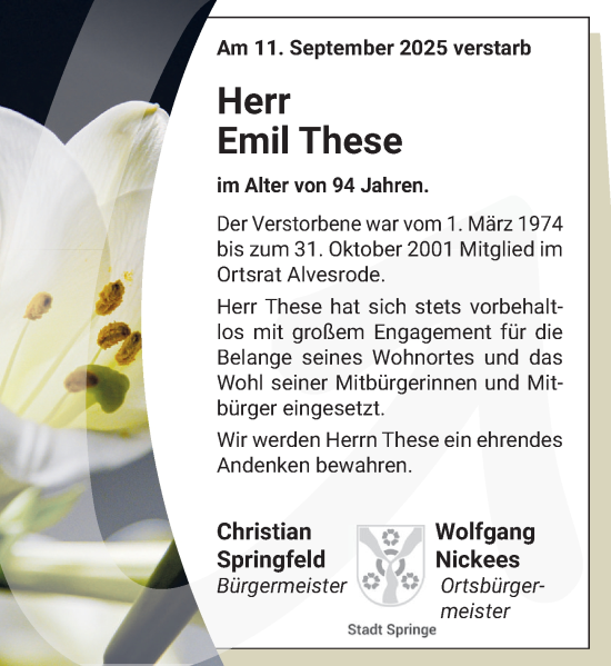 Traueranzeige von Emil These von Neue Deister-Zeitung