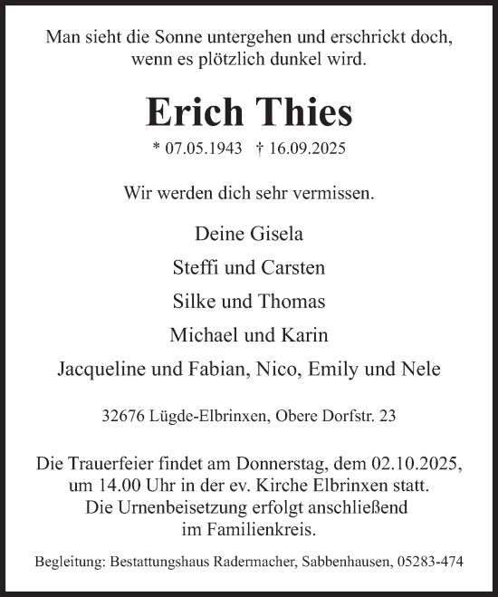Traueranzeige von Erich Thies von Deister- und Weserzeitung