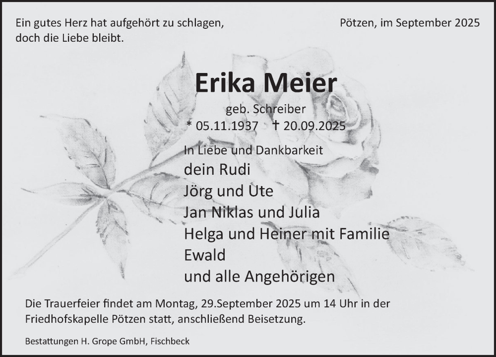  Traueranzeige für Erika Meier vom 24.09.2025 aus Deister- und Weserzeitung