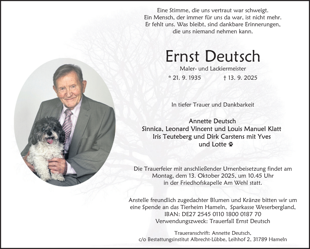  Traueranzeige für Ernst Deutsch vom 27.09.2025 aus Deister- und Weserzeitung