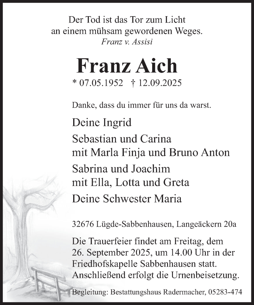  Traueranzeige für Franz Aich vom 20.09.2025 aus Deister- und Weserzeitung