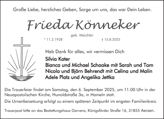 Traueranzeige von Frieda Könneker von Deister- und Weserzeitung