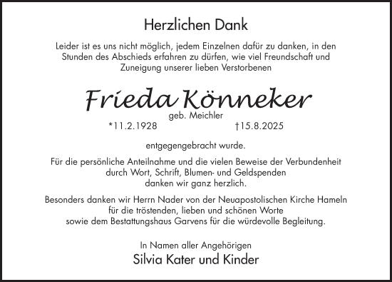 Traueranzeige von Frieda Könneker von Deister- und Weserzeitung