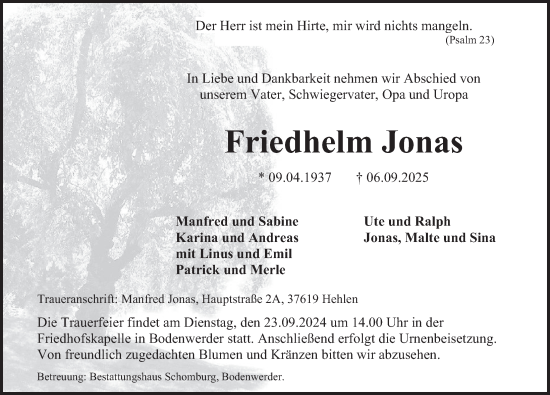 Traueranzeige von Friedhelm Jonas von Deister- und Weserzeitung