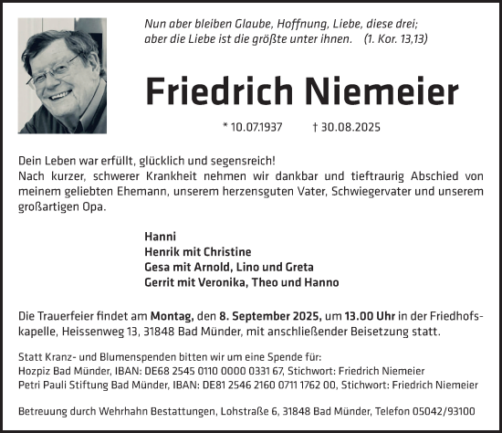 Traueranzeige von Friedrich Niemeier von Neue Deister-Zeitung