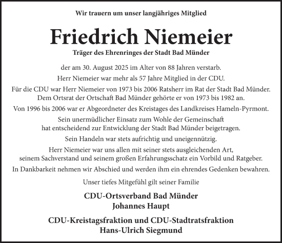 Traueranzeige von Friedrich Niemeier von Neue Deister-Zeitung