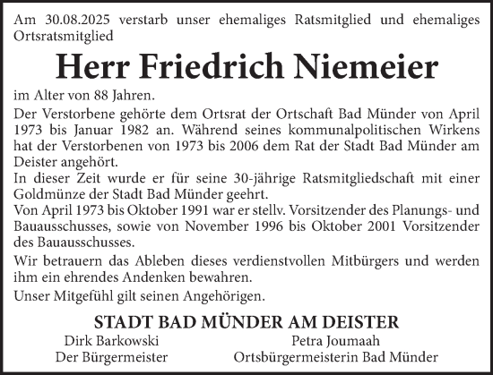 Traueranzeige von Friedrich Niemeier von Neue Deister-Zeitung