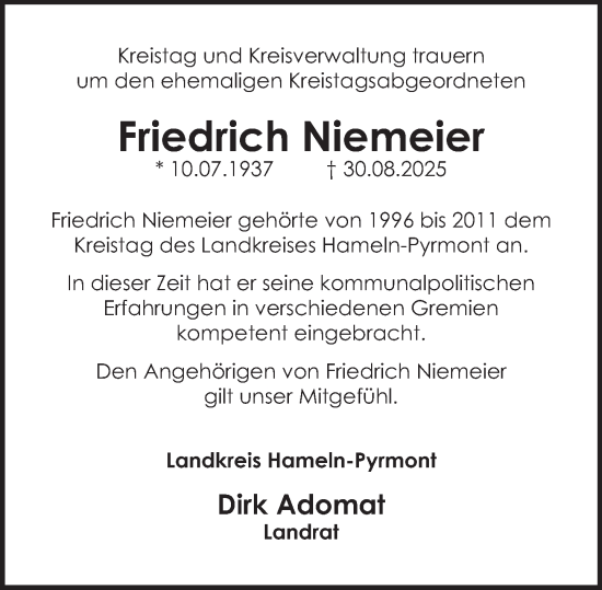 Traueranzeige von Friedrich Niemeier von Deister- und Weserzeitung