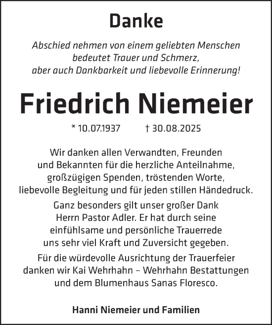 Traueranzeige von Friedrich Niemeier von Neue Deister-Zeitung