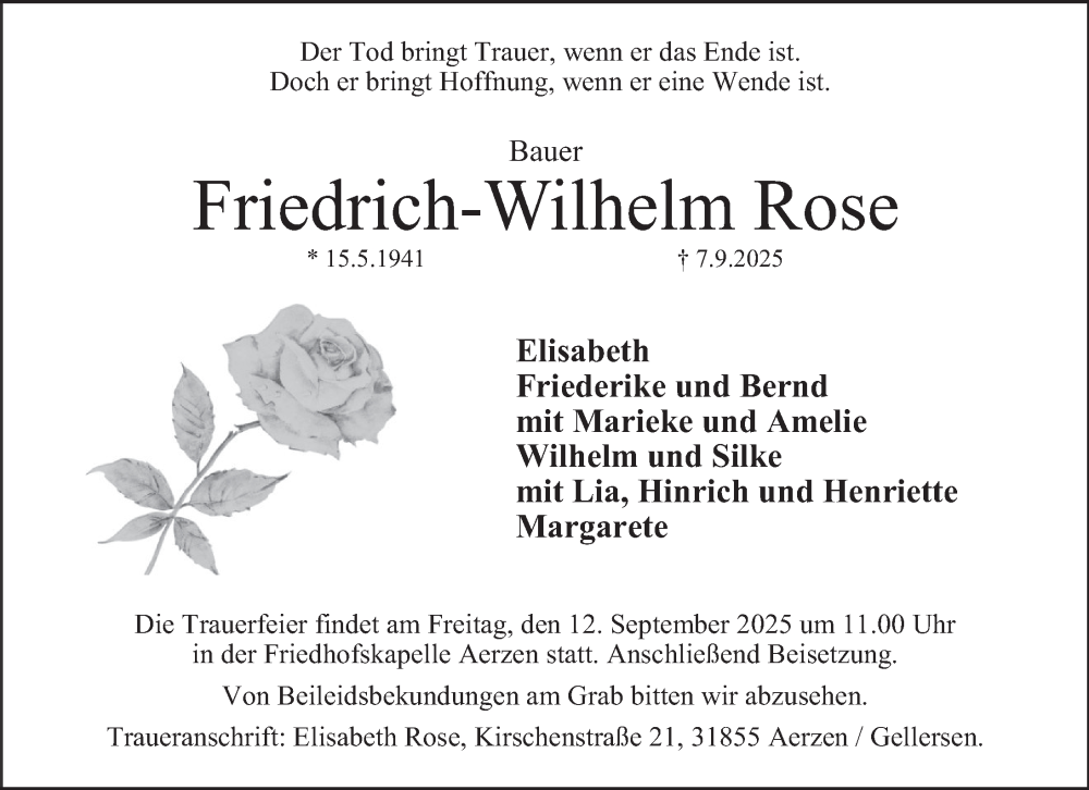  Traueranzeige für Friedrich-Wilhelm Rose vom 10.09.2025 aus Deister- und Weserzeitung