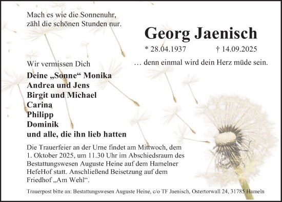 Traueranzeige von Georg Jaenisch von Deister- und Weserzeitung
