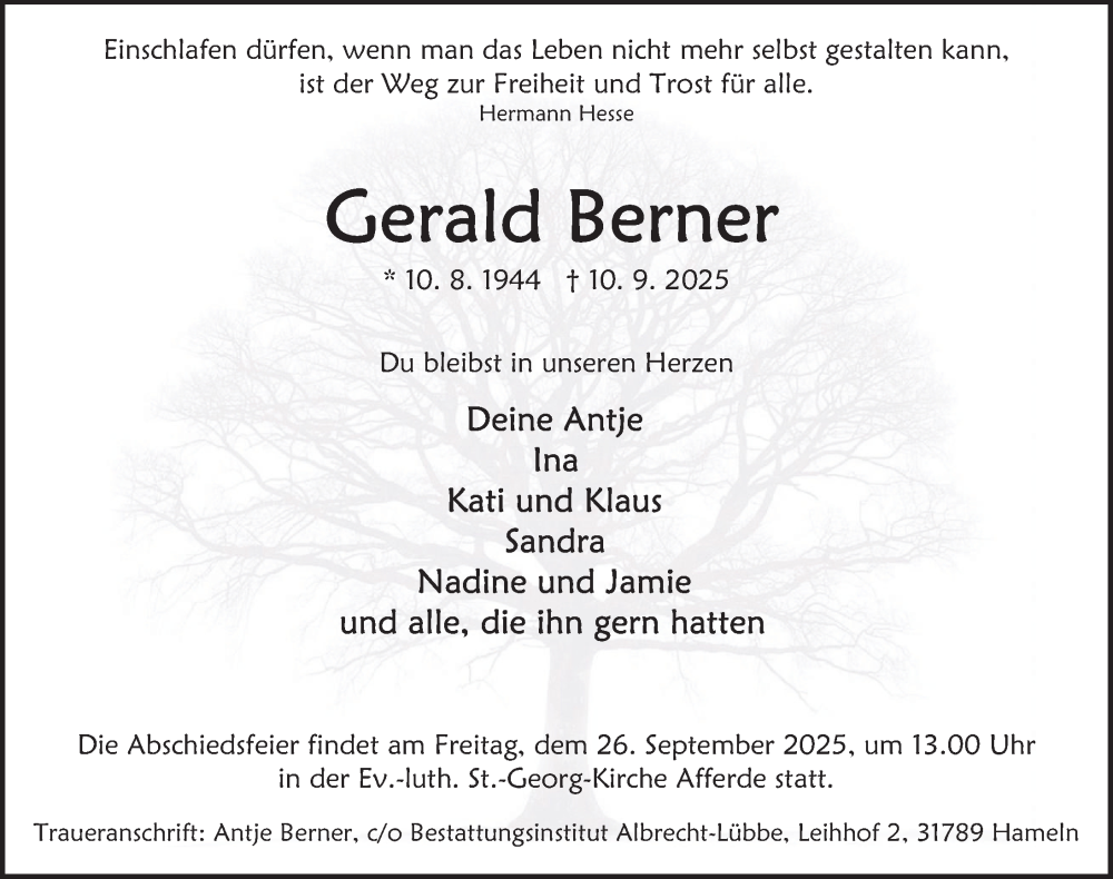  Traueranzeige für Gerald Berner vom 18.09.2025 aus Deister- und Weserzeitung
