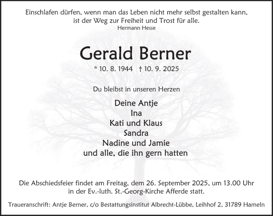 Traueranzeige von Gerald Berner von Deister- und Weserzeitung