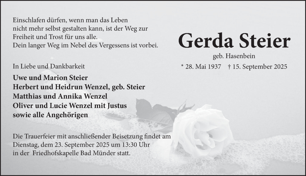  Traueranzeige für Gerda Steier vom 20.09.2025 aus Neue Deister-Zeitung