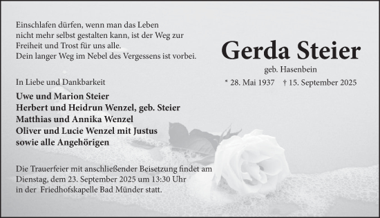 Traueranzeige von Gerda Steier von Neue Deister-Zeitung