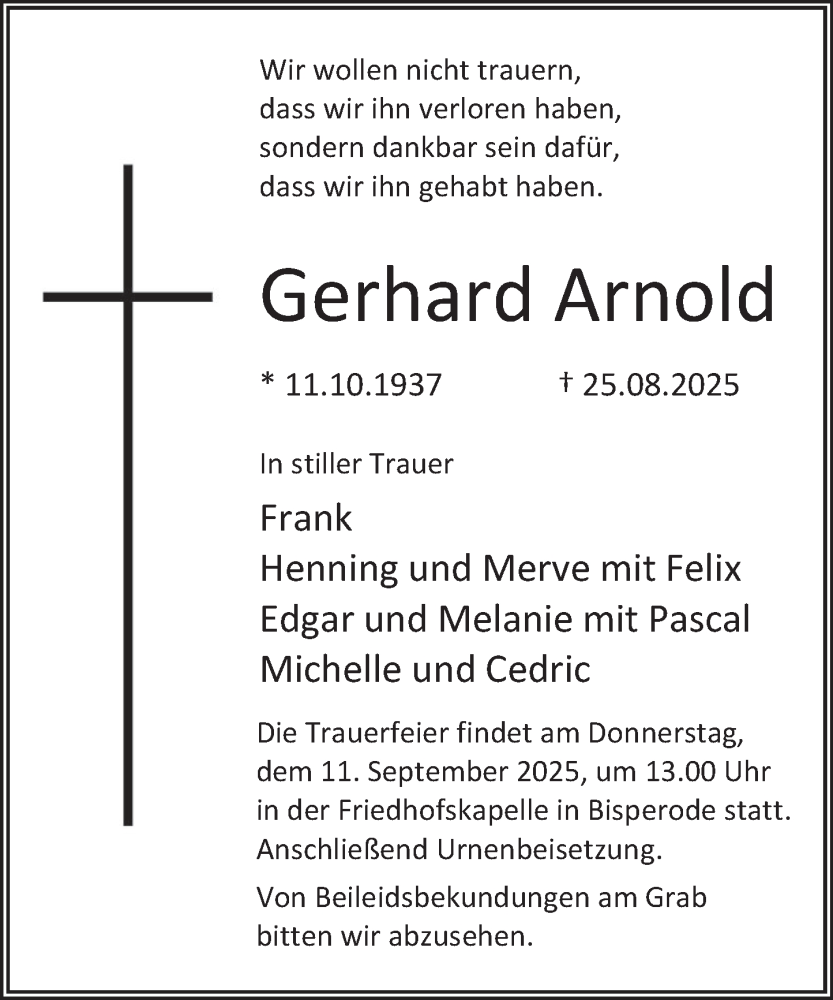  Traueranzeige für Gerhard Arnold vom 06.09.2025 aus Deister- und Weserzeitung