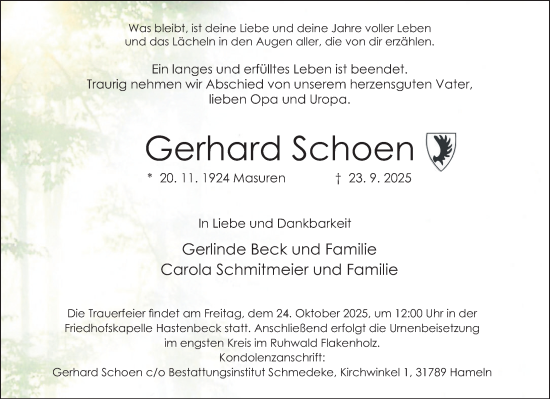 Traueranzeige von Gerhard Schoen von Deister- und Weserzeitung
