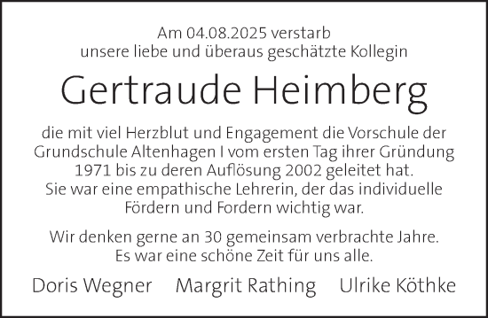 Traueranzeige von Gertraude Heimberg von Neue Deister-Zeitung