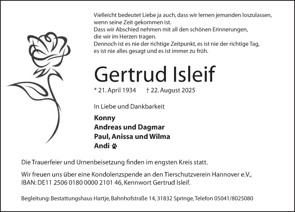  Traueranzeige für Gertrud Isleif vom 30.08.2025 aus Neue Deister-Zeitung