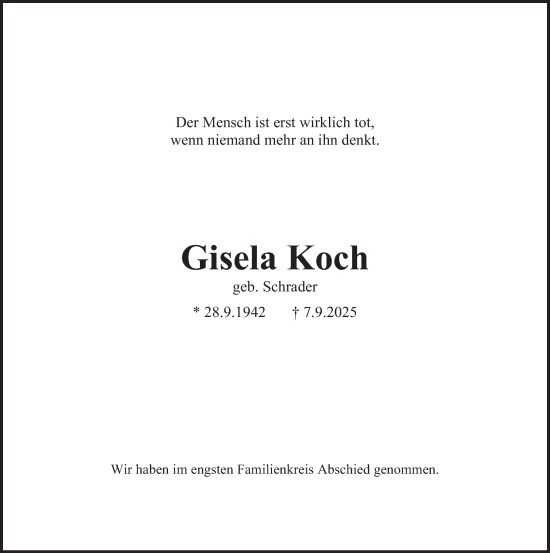Traueranzeige von Gisela Koch von Deister- und Weserzeitung