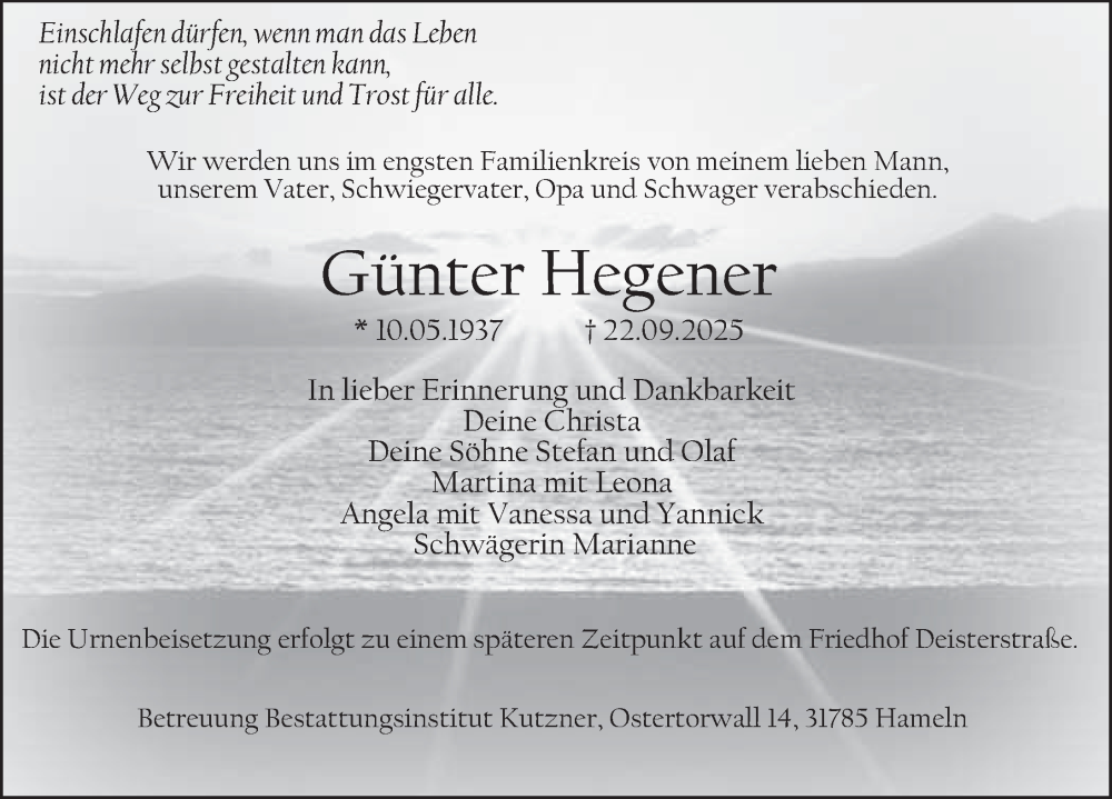  Traueranzeige für Günter Hegener vom 27.09.2025 aus Deister- und Weserzeitung