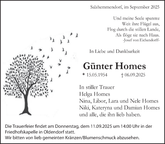 Traueranzeige von Günter Homes von Deister- und Weserzeitung
