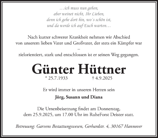 Traueranzeige von Günter Hüttner von Deister- und Weserzeitung