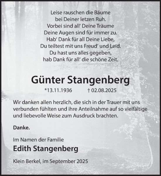 Traueranzeige von Günter Stangenberg von Deister- und Weserzeitung