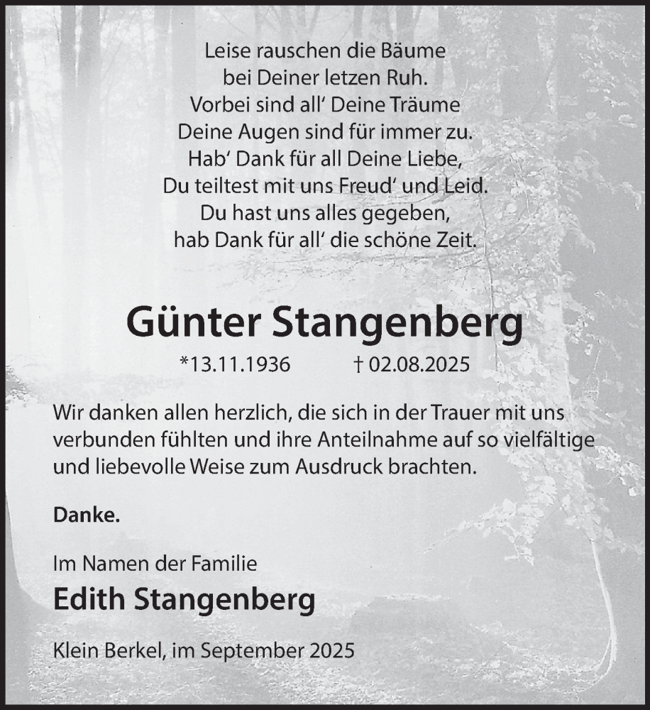  Traueranzeige für Günter Stangenberg vom 06.09.2025 aus Deister- und Weserzeitung