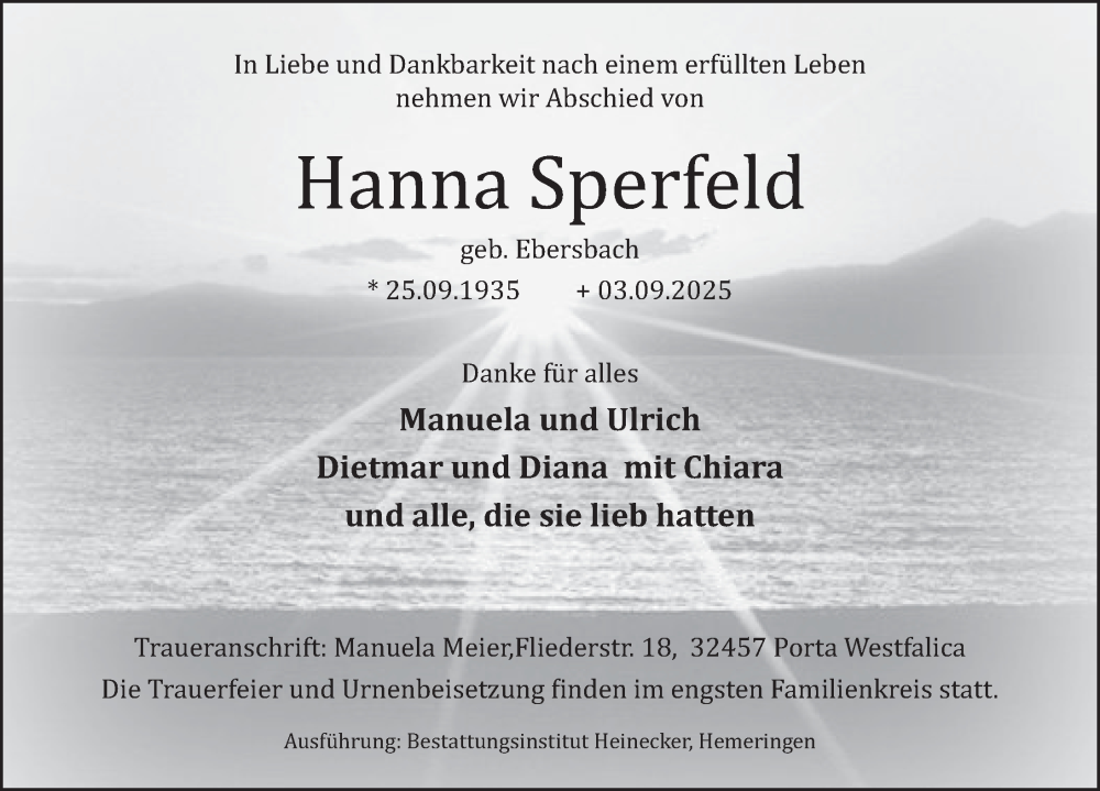  Traueranzeige für Hanna Sperfeld vom 06.09.2025 aus Deister- und Weserzeitung