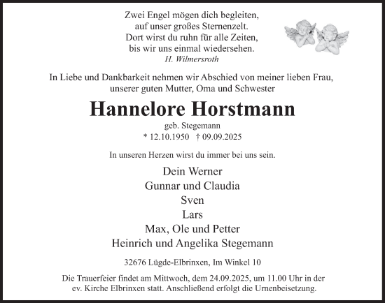 Traueranzeige von Hannelore Horstmann von Deister- und Weserzeitung