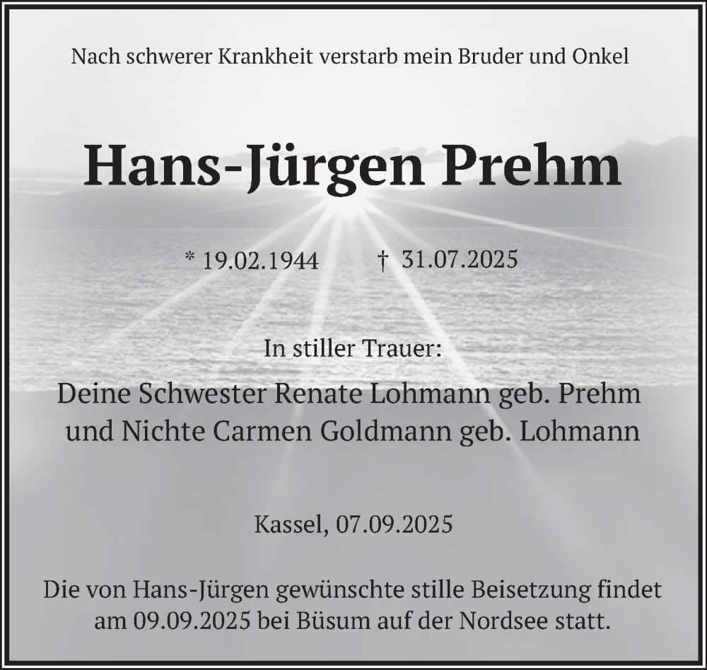  Traueranzeige für Hans-Jürgen Prehm vom 09.09.2025 aus Deister- und Weserzeitung