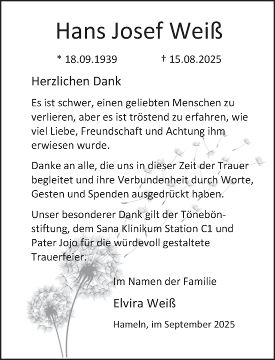 Traueranzeige von Hans Josef Weiß von Deister- und Weserzeitung