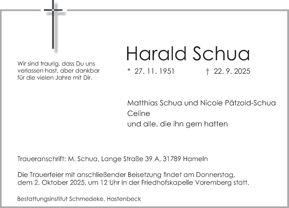  Traueranzeige für Harald Schua vom 27.09.2025 aus Deister- und Weserzeitung