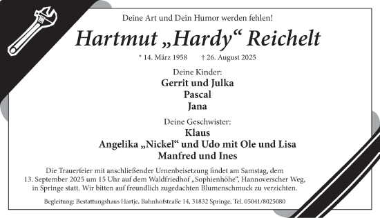 Traueranzeige von Hartmut Reichelt von Neue Deister-Zeitung