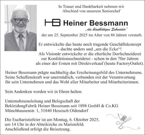 Traueranzeige von Heiner Bessmann von Deister- und Weserzeitung