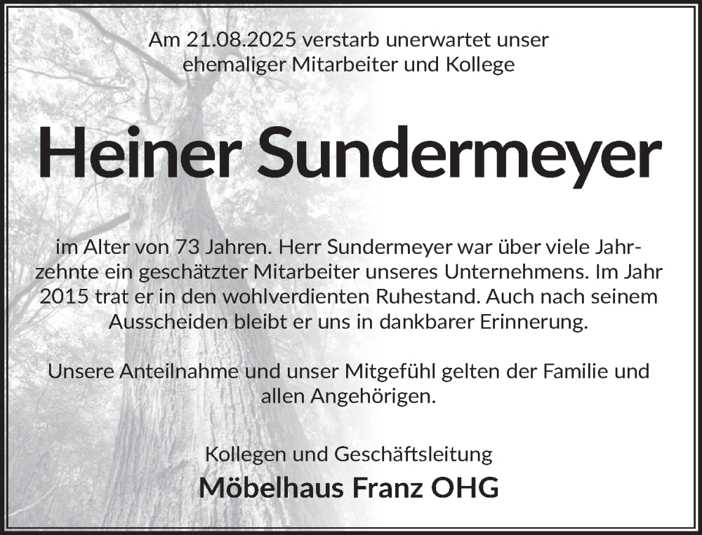  Traueranzeige für Heiner Sundermeyer vom 13.09.2025 aus Deister- und Weserzeitung