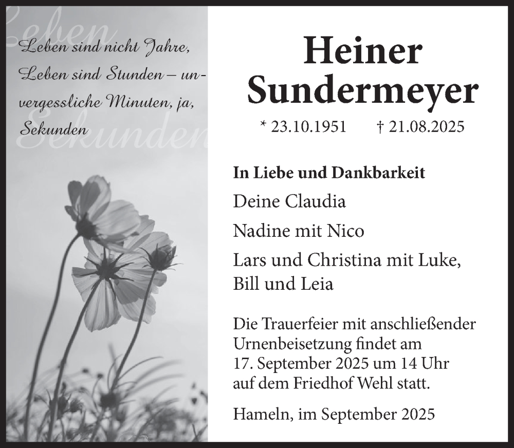  Traueranzeige für Heiner Sundermeyer vom 06.09.2025 aus Deister- und Weserzeitung