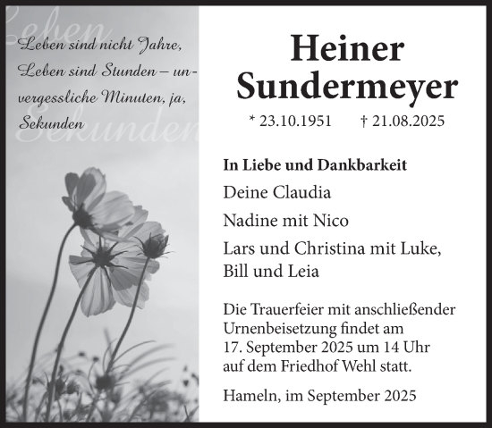 Traueranzeige von Heiner Sundermeyer von Deister- und Weserzeitung