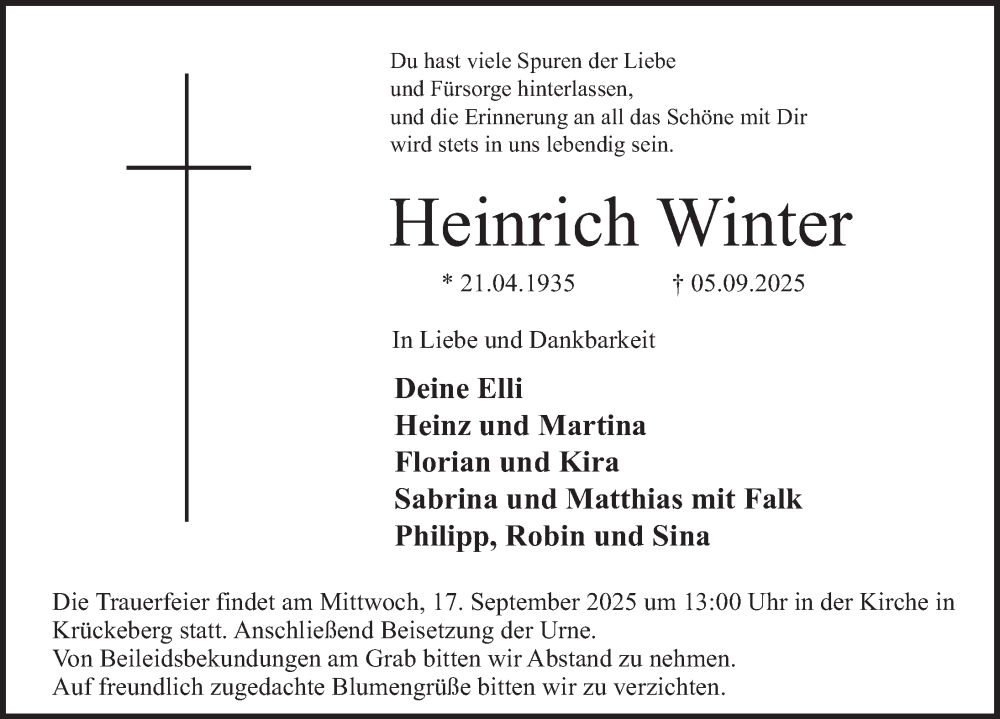  Traueranzeige für Heinrich Winter vom 13.09.2025 aus Deister- und Weserzeitung