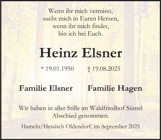 Traueranzeige von Heinz Elsner von Deister- und Weserzeitung