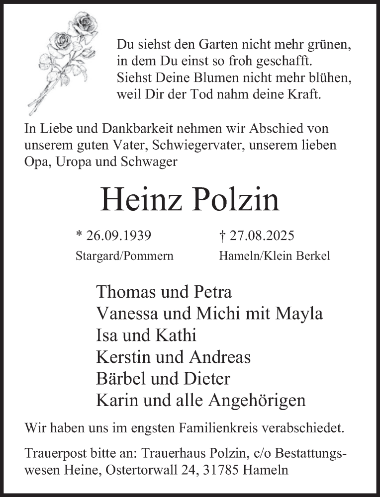  Traueranzeige für Heinz Polzin vom 13.09.2025 aus Deister- und Weserzeitung