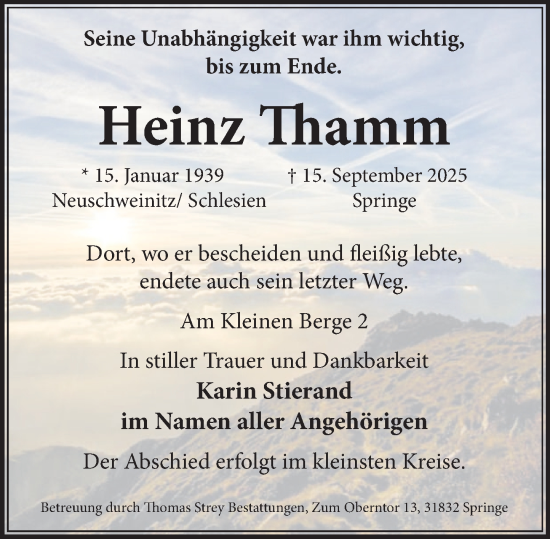 Traueranzeige von Heinz Thamm von Neue Deister-Zeitung