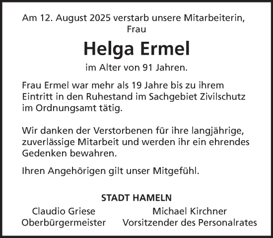 Traueranzeige von Helga Ermel von Deister- und Weserzeitung