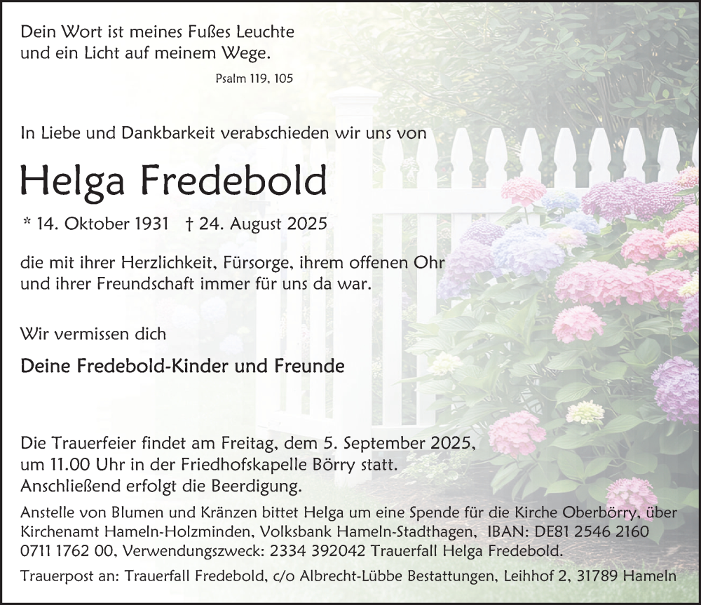  Traueranzeige für Helga Fredebold vom 30.08.2025 aus Deister- und Weserzeitung