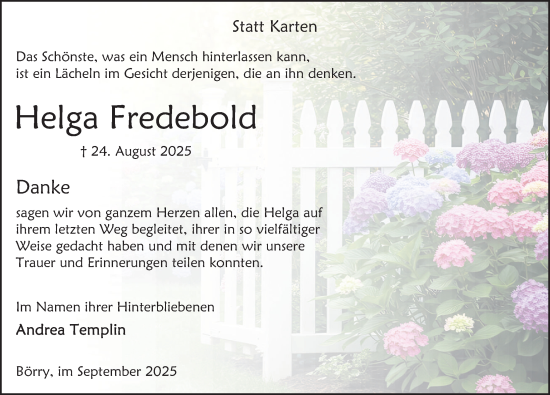 Traueranzeige von Helga Fredebold von Deister- und Weserzeitung
