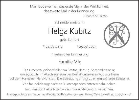 Traueranzeige von Helga Kubitz von Deister- und Weserzeitung