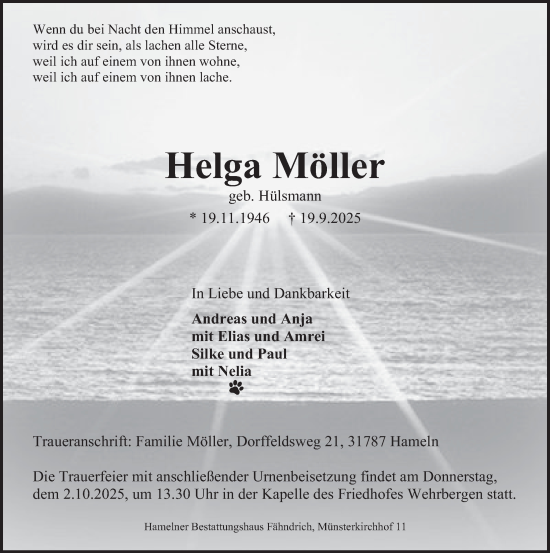 Traueranzeige von Helga Möller von Deister- und Weserzeitung