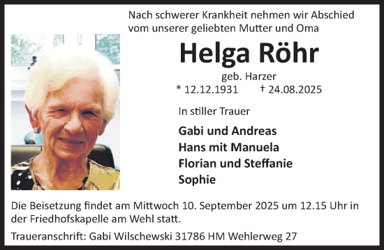 Traueranzeige von Helga Röhr von Deister- und Weserzeitung
